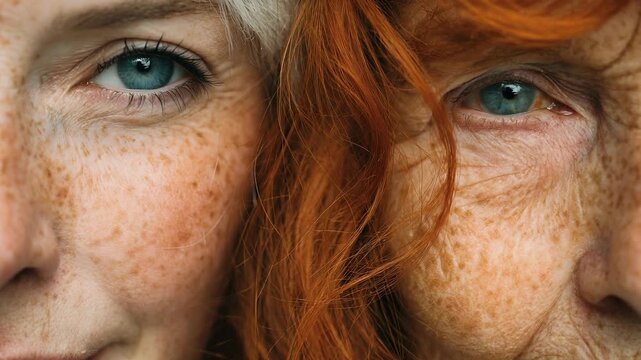 Transition from young to older woman concept. Two women with strikingly different ages showcase the changes in appearance over time.