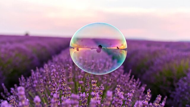 A large soap bubble reflects the sky and lavender field, floating above the purple flowers