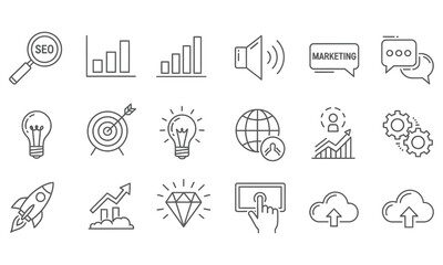 A set of 15 black and white icons depicting various business and technology concepts in a simple line art style