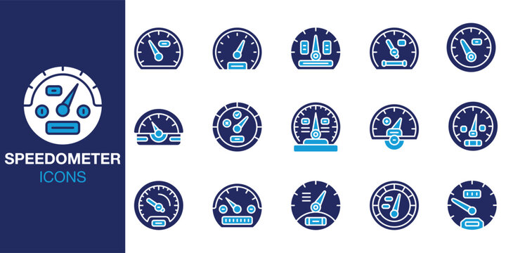 Speedometer Icon set. Containing motorcycle, racing, analog, dial, needle, instrument and more. Solid vector icons collection. Vector illustration.