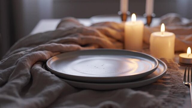 Romantic dinner setup with candles and empty plates