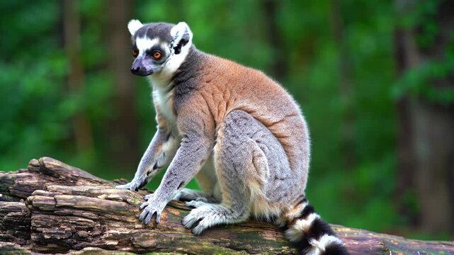 Ring Tailed Lemur Sitting on Log.