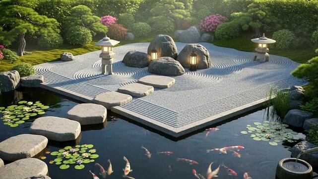 Serene Japanese Garden with Koi Pond and Lanterns