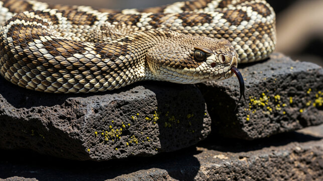 Western Rattlesnake Coiled and Camouflaged on Dark Volcanic Rock