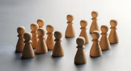 Wooden game pieces arranged in group formation on table