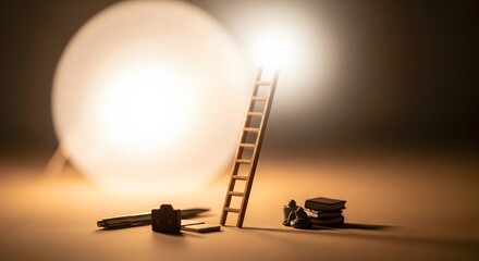 Miniature ladder leading to bright light with books and chess piece