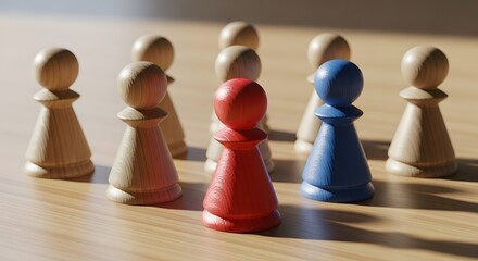 Red and blue pawns standing out from crowd of wooden game pieces