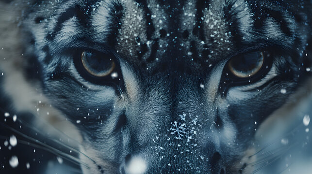 Close-up of snow leopard's face with snowflakes on fur