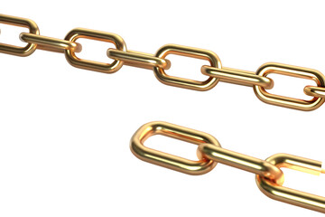 Obraz premium Gold chain links breaking apart horizontally on white background isolated on a transparent background