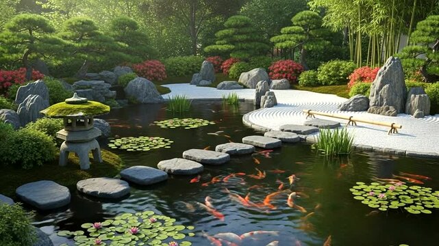 Serene Japanese Garden with Koi Pond and Rocks