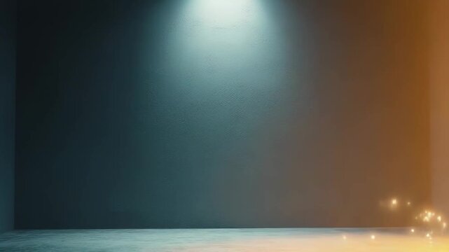 Minimalist interior background featuring a dark concrete wall and floor illuminated by a strong overhead spotlight, contrasting with a warm orange glow on the right wall