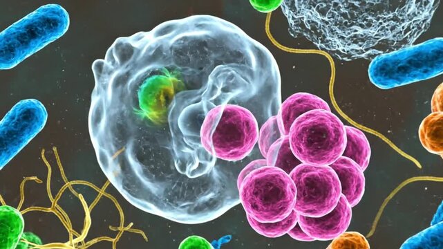Vibrant microscopic illustration of various colorful bacteria, amoeba, and other microorganisms in a chaotic scene.