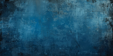 Fototapeta premium Abstract blue color background. Dynamic shapes composition.Vintage wide long backdrop use for design web banner with scratches and cracks. Old stained dark concrete, distressed texture.