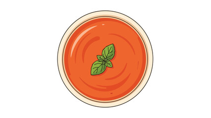 Vibrant orange-red creamy soup with fresh green basil garnish in a clean white bowl, depicted as a simple yet appetizing culinary illustration design