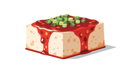 A visually appealing illustration of a perfectly cubed tofu block, lavishly topped with a glistening piquant red sauce and delicate fresh green herb