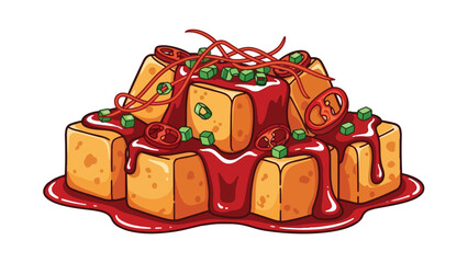Vibrant vector illustration of spicy golden tofu with chili sauce, green onions, and red pepper garnishes.