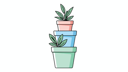 A charmingly minimalist vector image illustrating three vibrant green plants thriving within a perfectly balanced vertical stack of distinct