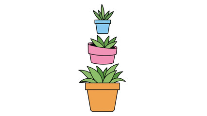 A charming vertical stack of three decorative potted succulent plants displaying vibrant green foliage in colorful blue pink and orange containers