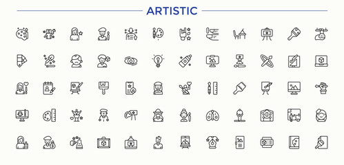 Artistic line icon set. Trendy minimal icons. Pack of creativity, art and design, artwork, paint, draw. Editable stroke collections. Creativity icon collection.