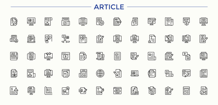Set of Article line icon. Contain linear sign write, content, writing, author, writer, copywriting and more. Modern linear icons. Article modern icon set. Vector illustration.