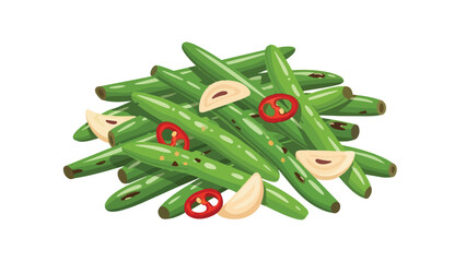 Stylized illustration of vibrant green beans artfully arranged with sharp red chili and tender garlic slices highlighting healthy and fresh