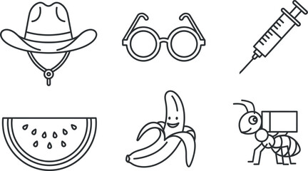 Fototapeta premium Fun icon set featuring cowboy hat, glasses, syringe, watermelon, banana, and caterpillar