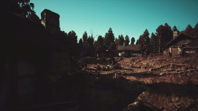 dappled sunlight over abandoned farmstead clearing film crew scouting cinematic location with collapsed outbuildings, rusted fences, and tangled vegetation