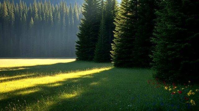 Serene meadow with vibrant flowers and towering trees