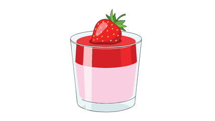 Vector illustration of a two-layered strawberry dessert. Pink base, red topping, fresh strawberry in a glass. Sweet, simple, food graphic for menus.