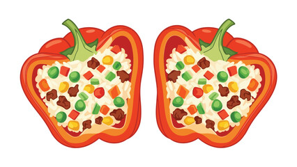 Colorful stylized illustration of two delicious stuffed red bell peppers, brimming with rice, meat, and vegetables