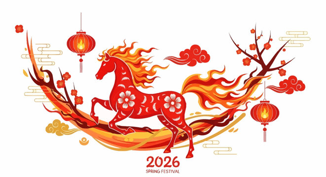Vector illustration of a Fire Horse zodiac design for the 2026 Chinese New Year celebration with red lanterns and traditional decorations on a white background.