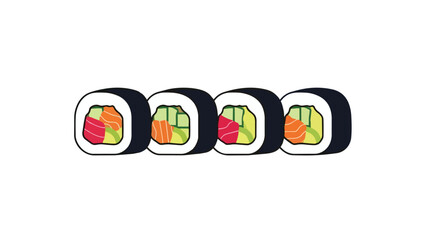 Colorful hand-drawn maki rolls in a vibrant row. A minimalist design of four fresh sushi pieces