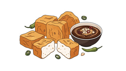 Crispy fried tofu squares with a savory dipping sauce and fresh green chilies