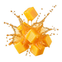 Fresh mango chunks splashing with juice in a vibrant and dynamic scene from a close-up viewpoint