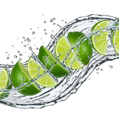 Fresh lime wedges splashing in clear water, citrus slices flowing with liquid motion, vibrant green citrus fruit in dynamic illustration