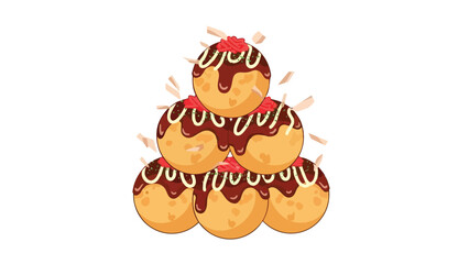 Stacked takoyaki, richly sauced with mayo and garnish. Appetizing Japanese street food art.