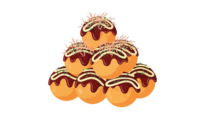 Illustrative stack of golden takoyaki topped with savory and creamy sauces and delicate flakes