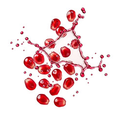 Fresh pomegranate juice splashing with seeds and liquid droplets in mid-air, isolated on a clean background from a dynamic viewpoint