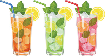 Refreshing colorful lemonade drinks with ice cubes lemon slices mint leaves and straws in tall glass cups © Rozina Creative