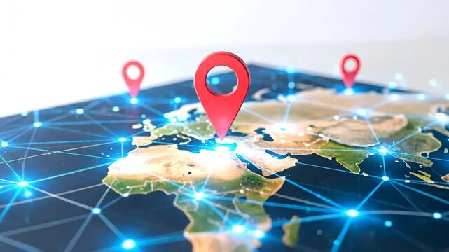 A globe with red location markers, connected by lines and blue glowing dots, on a dark surface