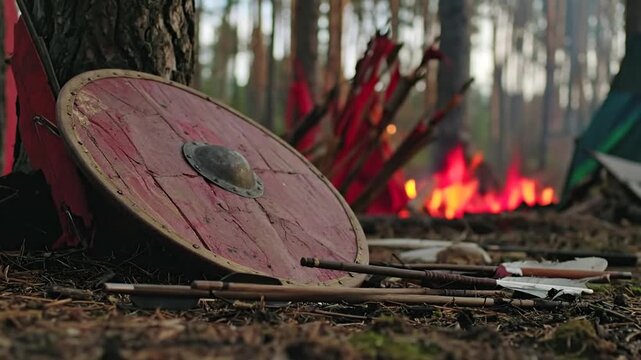 A weathered red shield rests against a tree, arrows lie on the ground, flames burn brightly in the background