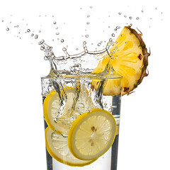 Fresh citrus drink splashing with lemon and pineapple slices in a glass from a high viewpoint
