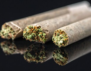 Three cannabis joints on reflective surface against black background