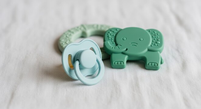 Two silicone baby teething toys resting on a white fabric surface