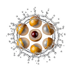 Freshly cracked nuts surrounded by splashing water droplets in a circular arrangement viewed from directly above