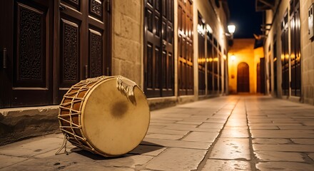 Fototapeta premium Traditional Drum Lying on Cobblestone Street at Night in Historic Urban Area