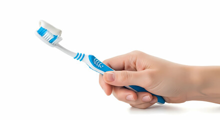 Oral Hygiene Toothbrush with Toothpaste Held in Hand Isolated