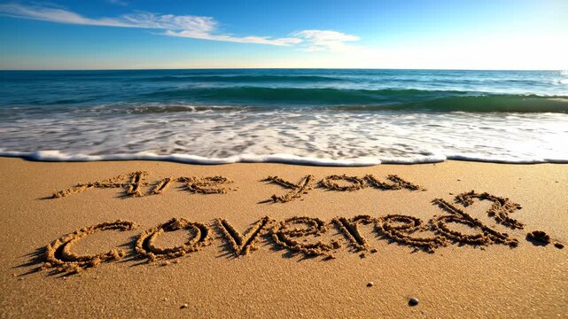 Are you covered text on sandy beach by ocean waves at sunset
