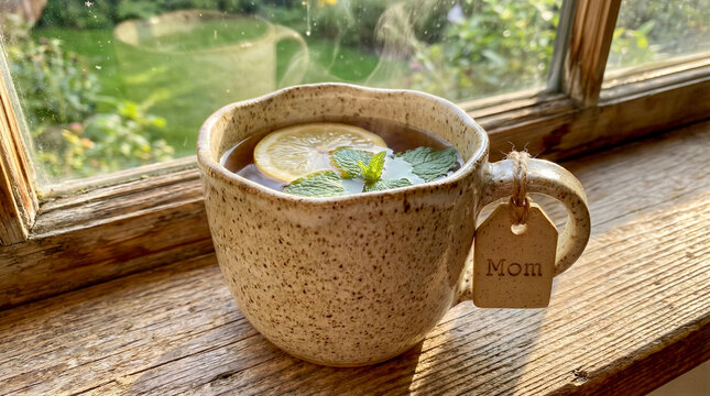 Steaming mug of herbal tea with lemon slice and fresh mint leaves. Wooden tag labeled mom on handle. Cozy windowsill overlooking lush garden view. Mothers Day gift idea for relaxation and