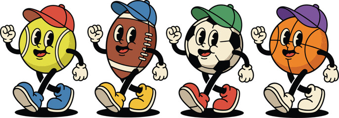 Walking retro cartoon sports balls with faces and hats on white background Keywords: tennis ball, football, soccer ball © Rasel